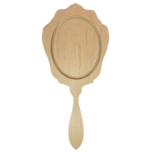 Trekell Mirror Floater Panel, bare wood with a scalloped oval recess and long handle.