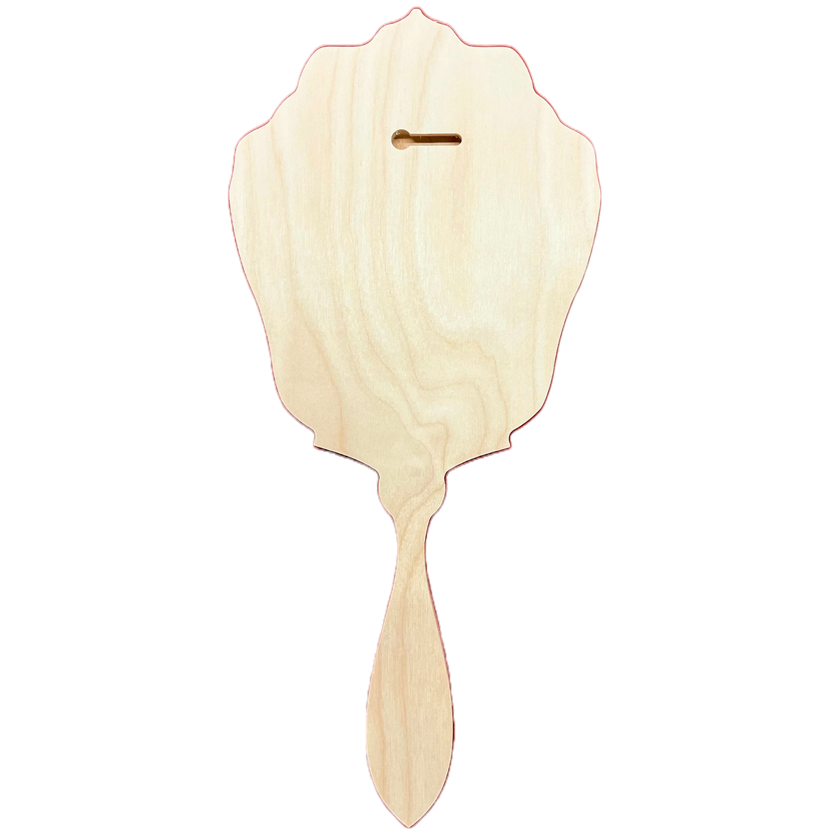 Trekell Mirror Floater Panel back, bare wood with a keyhole slot and long tapered handle.