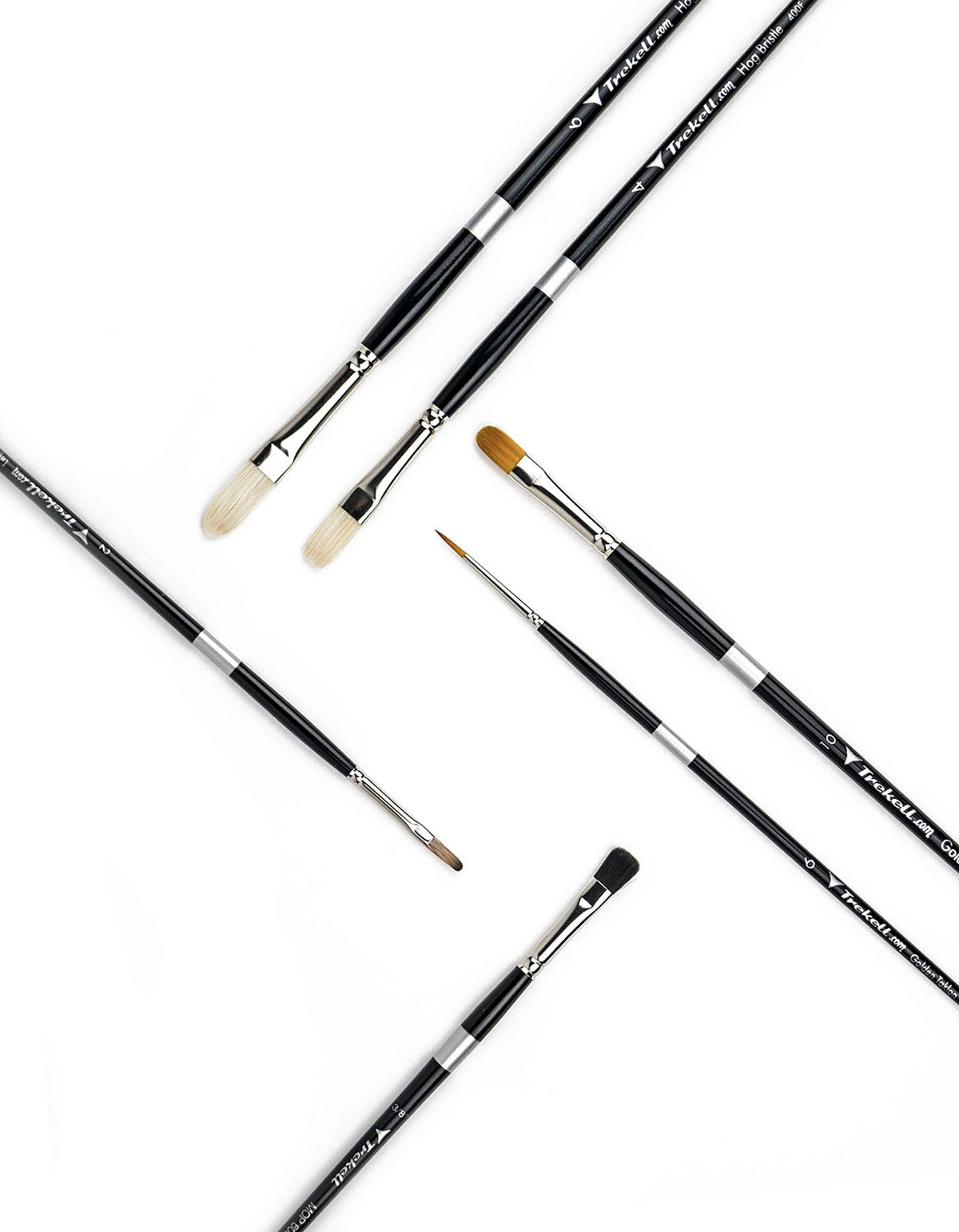 Black-handled brushes arranged diagonally, with thin pointed and small rounded tips.