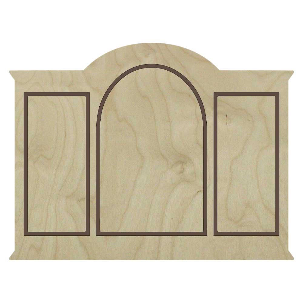 Ornate triptych floater panel, central rounded arch flanked by two rectangular insets in a scalloped wooden frame.