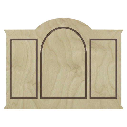 Ornate triptych floater panel, central rounded arch flanked by two rectangular insets in a scalloped wooden frame.