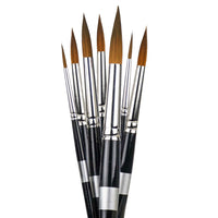Seven golden-bristled pointed brushes fanned upright in increasing sizes.
