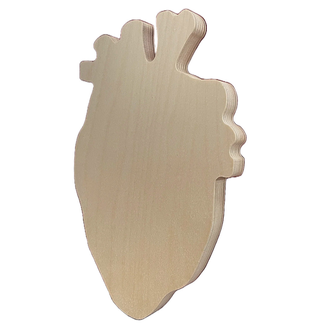 Trekell Anatomical Heart Panel, angled view of unpainted wood with vessel-shaped projections.