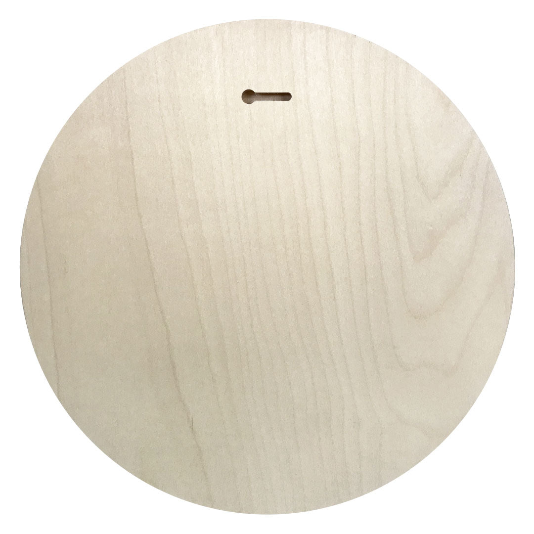 Round wooden floater panel back with a horizontal keyhole mounting slot.