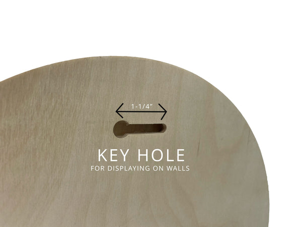 Close-up of a horizontal keyhole slot on a wood panel's back, labeled Key Hole for easy hanging on wall.