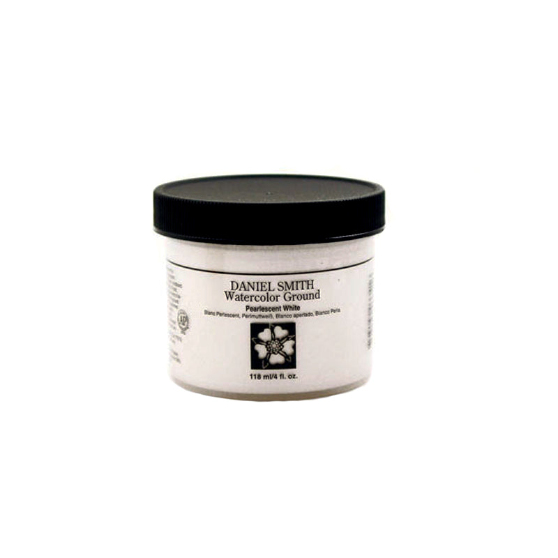 Daniel Smith watercolor ground, pale cream jar with black lid and printed label.